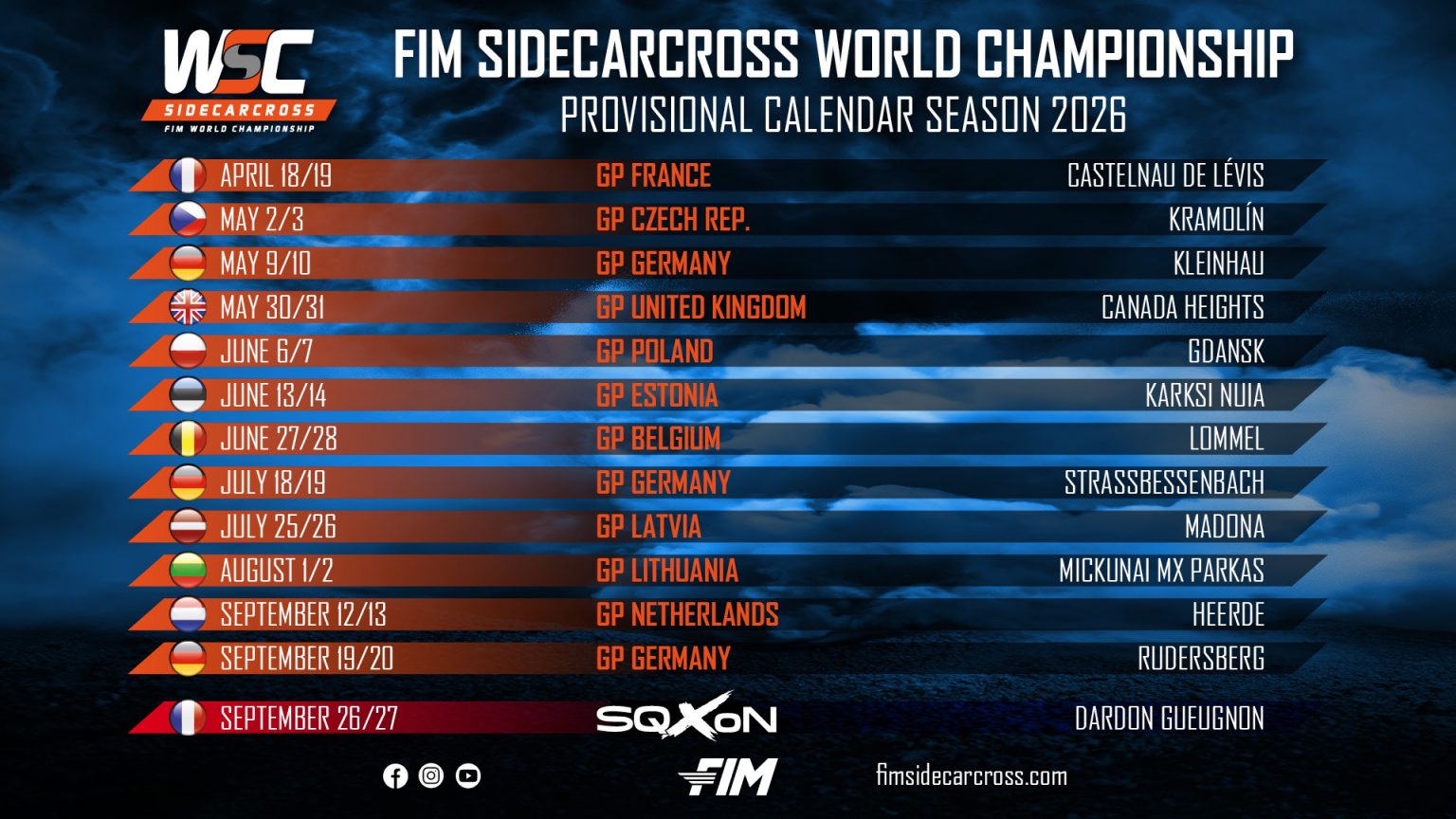 Fim Sidecarcross World Championship Provisional 2026 Calendar
